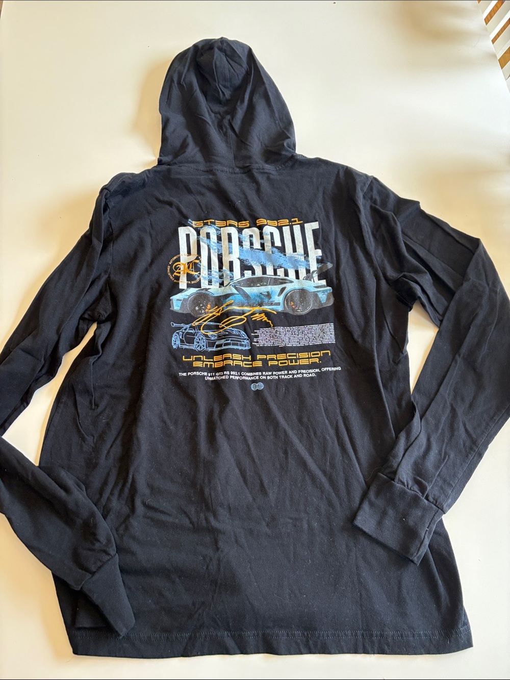Men’s Porsche Graphic Black Hooded Long-Sleeve T shirt size XL